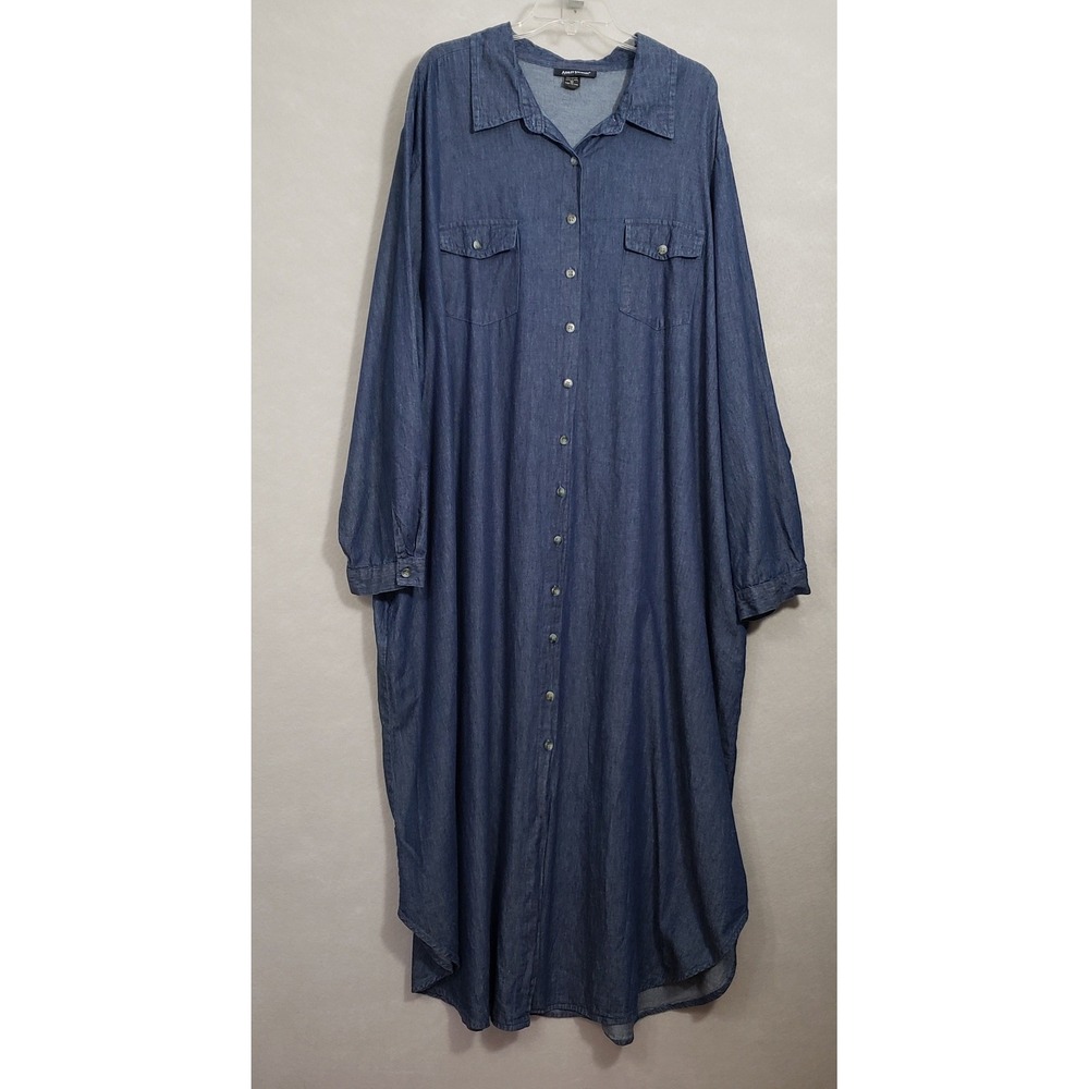 Ashley Stewart 32 Plus Size Shirt Dress Blue Denim Maxi Long Roll-Tab Sleeves